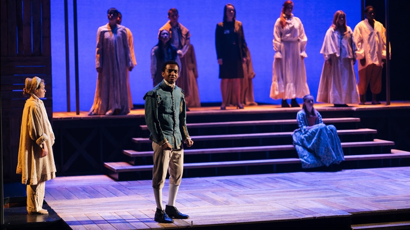 Holden Harris '20, playing the role of John Graunt, performs a scene during the MainStage production's final dress rehearsal on Nov. 7