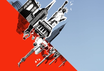 Mexico Now logo - A New York skyline is silhouetted on red backgrouns, and flipped across a digonal axis, there are silhouettes of cacti and Mexico City landmarks against a blue backdrop/