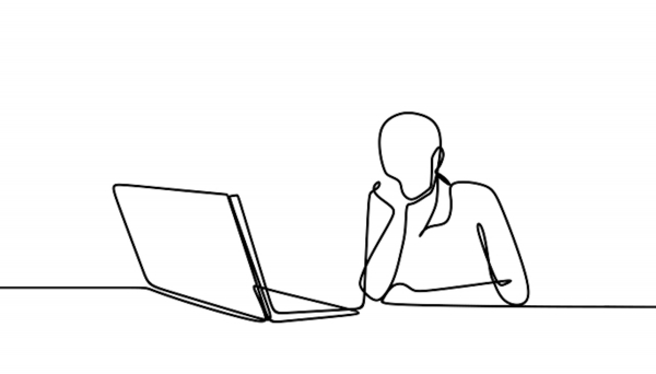 The Ideal Candidate minimal line drawing of person sitting and looking at laptop