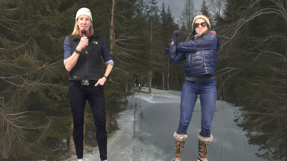 Sydney Stowe and Johanna Evans standing in front of a ski slope for Olympic Dreams promo