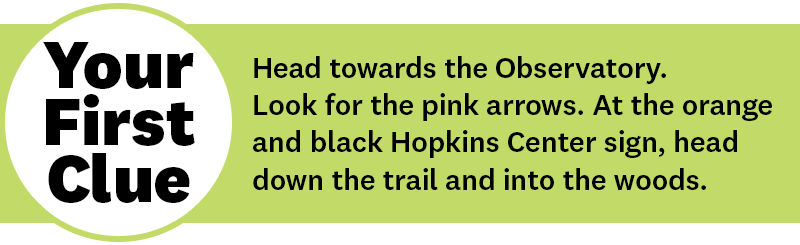 Your First Clue: Head towards the Observatory. Look for the pink arrows. At the lollipop, head down the trail and into the woods.